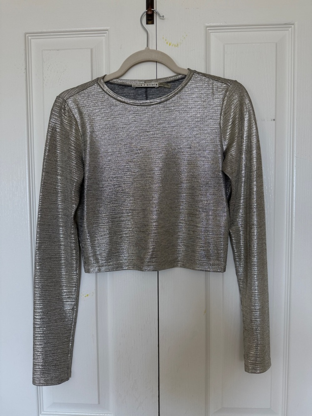 Alice + Olivia Muted Gold Metallic Long-Sleeve Crop Top